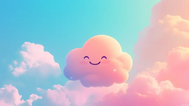 A cute simple wallpaper featuring a pastel colored cloud with a smiling face against a soft blue sky.