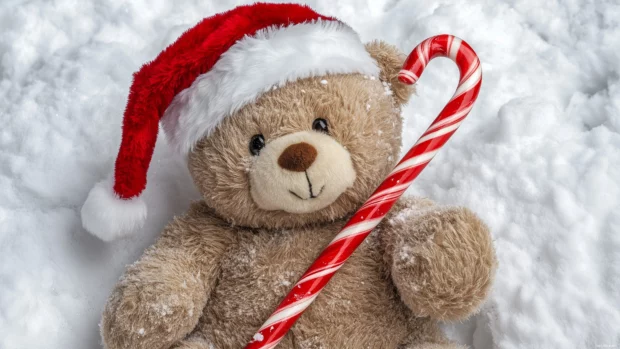 A cute teddy bear wearing a Santa hat and holding a candy cane.