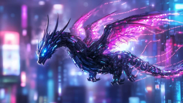 A cyberpunk style dragon wallpaper with mechanical wings and glowing circuits, flying above a neon lit cityscape, the futuristic atmosphere adding to its cool demeanor.