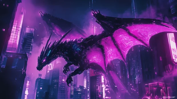 A cyberpunk style dragon with mechanical wings and glowing circuits, flying above a neon lit cityscape, the futuristic atmosphere adding to its cool demeanor.