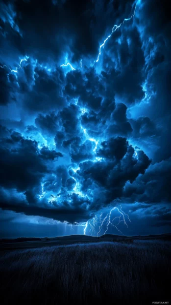 A dark and stormy night sky with lightning illuminating the clouds, a display of nature power.