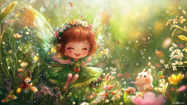 A delightful Kawaii fairy dancing among flowers, with sparkling wings and a joyful expression.