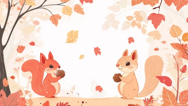 A delightful autumn scene with cute squirrels gathering acorns, surrounded by colorful falling leaves.