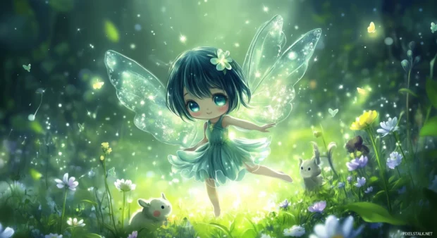 A delightful chibi fairy dancing among flowers.