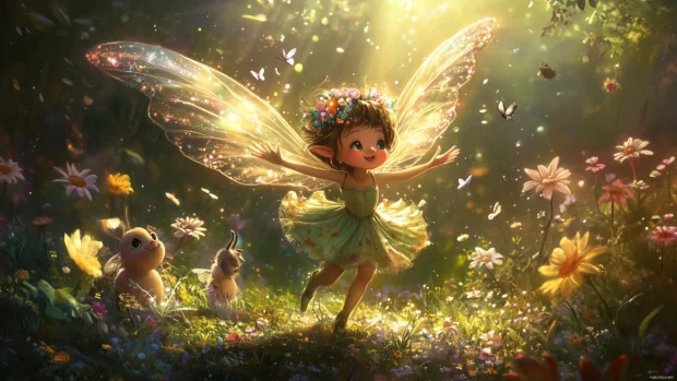 A delightful chibi fairy dancing among flowers, with sparkling wings and a joyful expression, surrounded by friendly garden creatures.