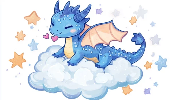 A delightful scene of a cute baby dragon lounging on a fluffy cloud, blowing tiny hearts and surrounded by pastel stars.