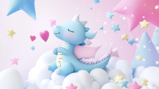 A delightful scene of a cute baby dragon lounging on a fluffy cloud, blowing tiny hearts and surrounded by pastel stars.