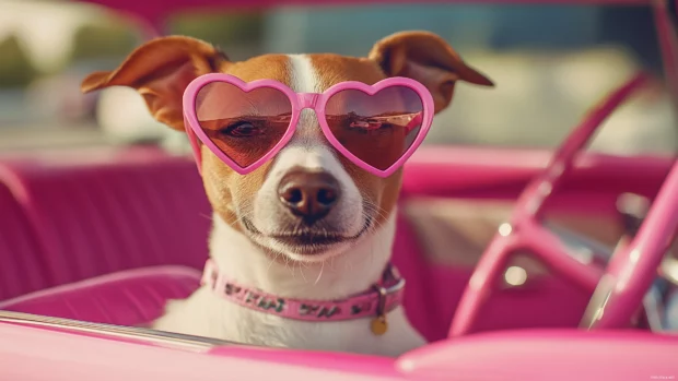 A dog wearing pink heart shaped sunglasses, sitting in a pink painted vintage car with a retro vibe.