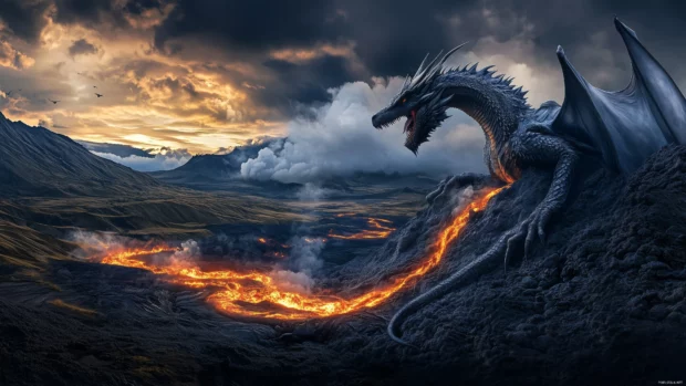 A dragon rising from a volcano, with magma flowing down the mountainside and the sky filled with ash and embers.