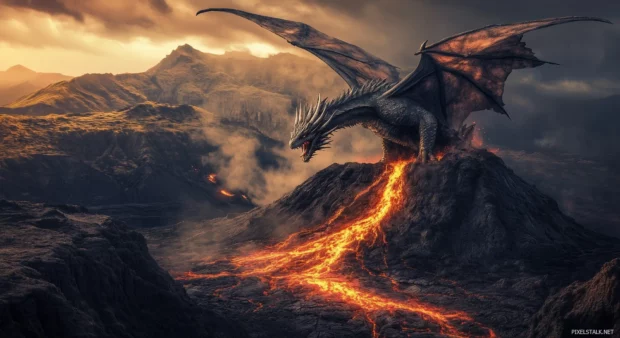 A dragon rising from a volcano, with magma flowing down the mountainside and the sky filled with ash and embers.