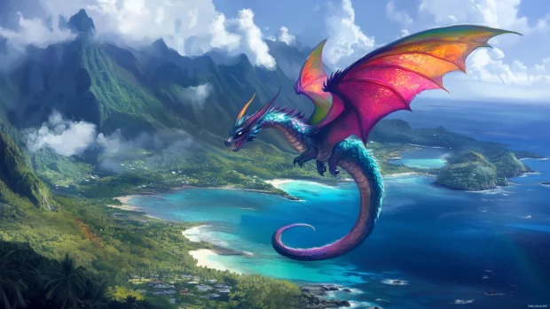 A dragon with vibrant, rainbow colored scales soaring over a tropical island with crystal clear waters and lush greenery.