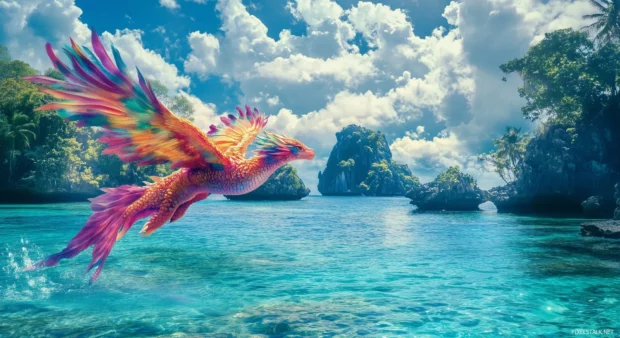 A dragon with vibrant, rainbow colored scales soaring over a tropical island with crystal clear waters and lush greenery.