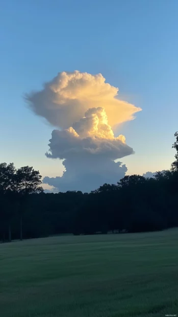 A dramatic cloud formation with towering cumulonimbus clouds stretching high into the sky, lit up by the late afternoon sun.