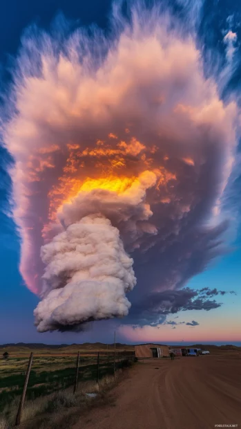 A dramatic cloud formation with towering cumulonimbus clouds stretching high into the sky, lit up by the late afternoon sun.