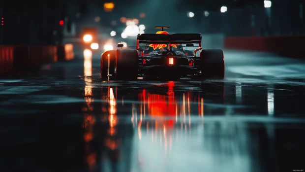 A dramatic shot of an F1 car on a wet track.