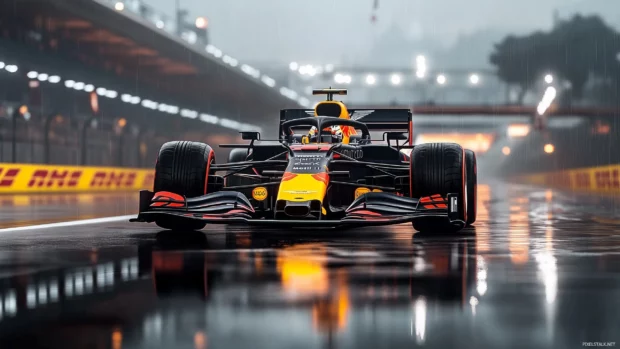 A dramatic shot of an F1 car on a wet track with reflections of the car and surrounding lights.