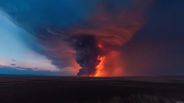 A dramatic sky with dark storm clouds gathering on the horizon.