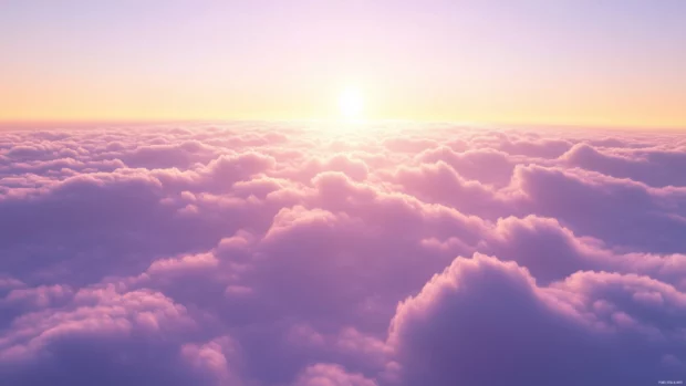 A dreamy landscape of pastel colored clouds during the golden hour, with the soft light of sunset casting shades of pink and lavender across the sky.