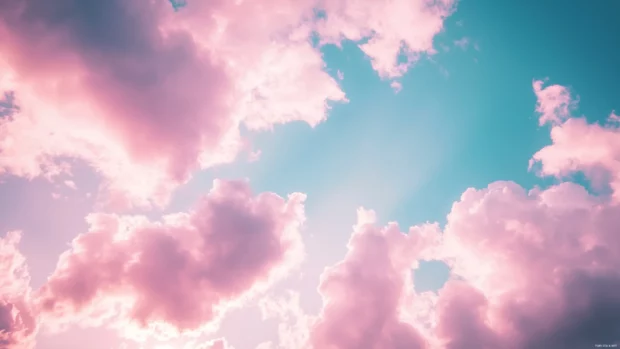 A dreamy sky filled with fluffy, cotton candy like pink clouds during a peaceful twiligh.