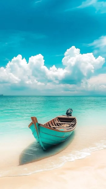 A dreamy tropical iPhonw wallpaper with soft pastel clouds, turquoise water.