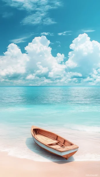 A dreamy tropical island beach with soft pastel clouds, turquoise water, and smooth white sand, a small boat floating on the water, gentle and aesthetic coastal escape.