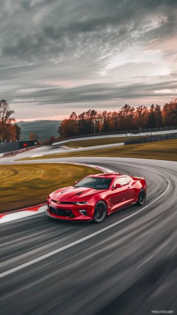 A dynamic shot of a Camaro racing on a racetrack.