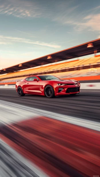 A dynamic shot of a Camaro racing on a racetrack, with motion blur emphasizing its speed.