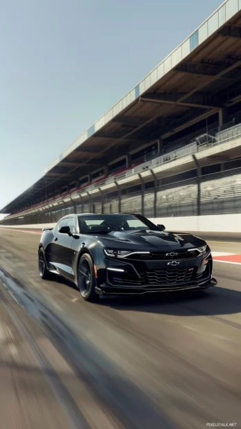 A dynamic shot of a Camaro racing on a racetrack, with motion blur emphasizing its speed.