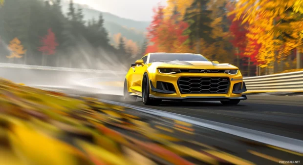 A dynamic shot of a Camaro racing on a track, with blurred background to emphasize speed.