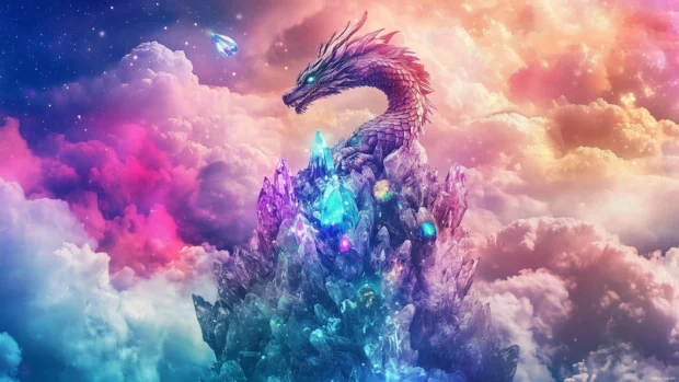 A fantastical dragon perched atop a glittering crystal mountain.