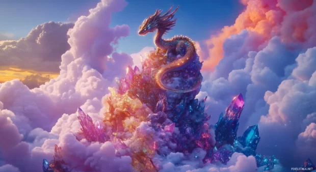 A fantastical dragon perched atop a glittering crystal mountain, surrounded by swirling clouds and a rainbow sky.