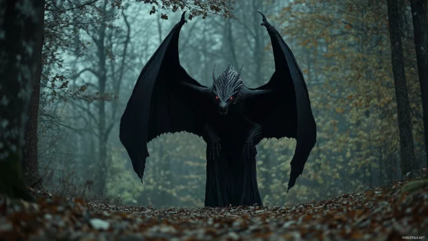 A fantasy black dragon emerging from the depths of an ancient forest, wings extended wide and glowing red eyes.