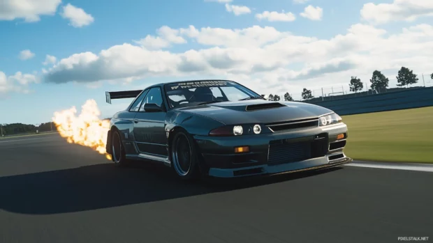 A fast JDM car on a race track, capturing the motion blur of its wheels and exhaust flames as it accelerates under clear blue skies.