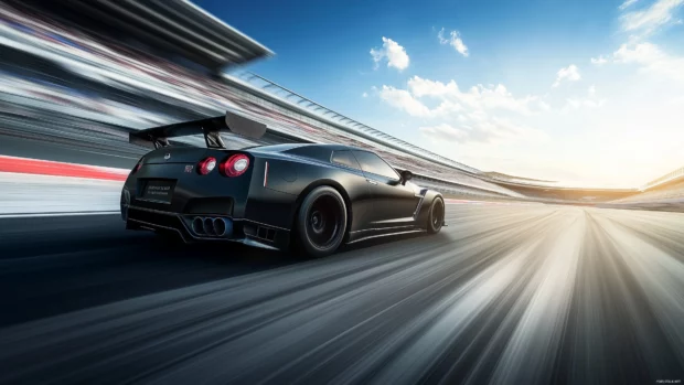 A fast JDM car on a race track, capturing the motion blur of its wheels and exhaust flames as it accelerates under clear blue skies.