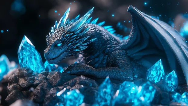 A fierce blue Dragon resting on an ancient crystal throne.