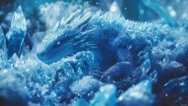 A fierce blue Dragon resting on an ancient crystal throne, surrounded by glowing blue crystals.