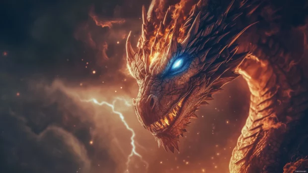 A fierce dragon 4K wallpaper with glowing blue eyes and intricate scales, breathing fire against a dark stormy sky, lightning flashing in the background.