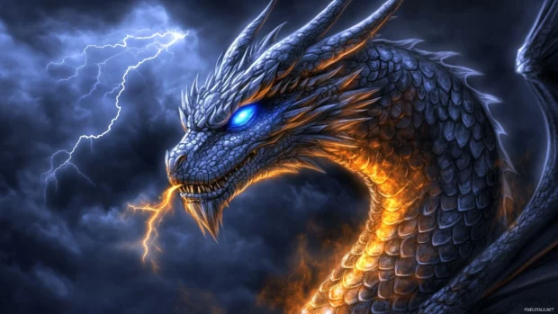 A fierce dragon HD wallpaper with glowing blue eyes and intricate scales.