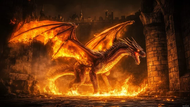 A fierce fire breathing dragon in a medieval castle setting, with flames surrounding the stone walls and the dragon scales glowing in the heat.