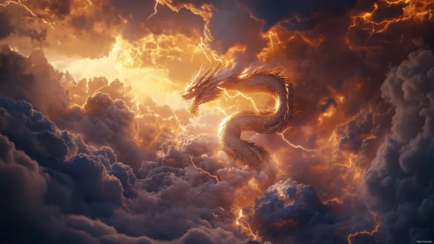 A fierce golden Chinese Dragon desktop wallpaper.