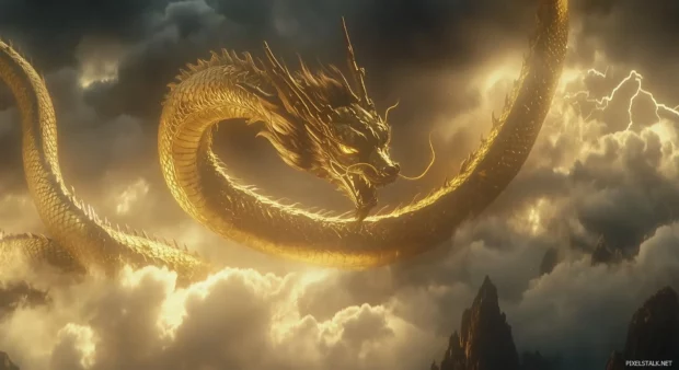 A fierce golden Chinese Dragon emerging from the clouds.