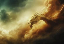 A fierce golden Chinese Dragon emerging from the clouds, its claws outstretched as it flies through a stormy sky, lightning crackling around its scales.