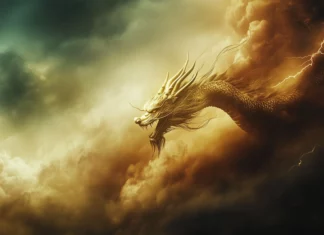 A fierce golden Chinese Dragon emerging from the clouds, its claws outstretched as it flies through a stormy sky, lightning crackling around its scales.