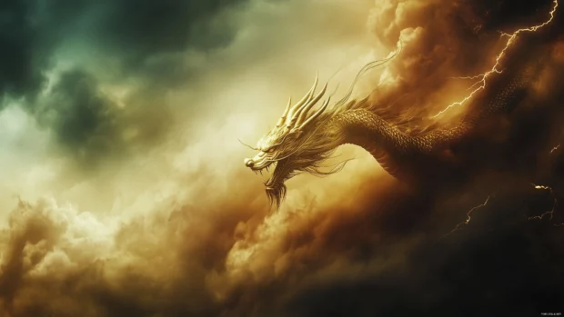 A fierce golden Chinese Dragon emerging from the clouds, its claws outstretched as it flies through a stormy sky, lightning crackling around its scales.