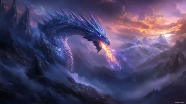 A fierce purple Dragon breathing fire in a dramatic landscape.