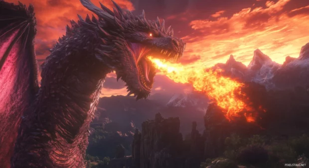 A fierce purple Dragon breathing fire in a dramatic landscape filled with dark mountains and a vibrant sunset.