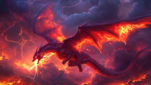 A fierce red dragon flying through stormy skies.