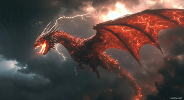 A fierce red dragon flying through stormy skies, breathing fire as lightning illuminates its scale.