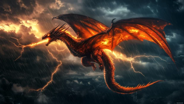 A fierce red dragon flying through stormy skies, breathing fire as lightning illuminates its scales.