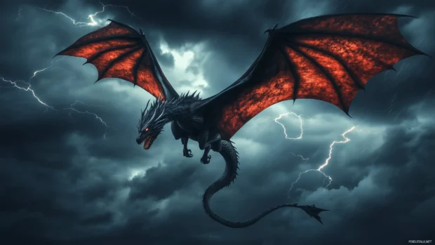 A fierce, red dragon soaring through a stormy sky, surrounded by lightning strikes and dark clouds.